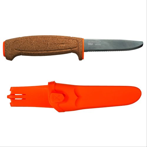 MORAKNIV Floating kés (S) rezézett pengével, parafa markolattal, tokkal, narancssárga